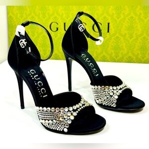 Gucci GG Crystal Embellished Rhinestones Heels Black Satin Sandals Size 38 US7.5